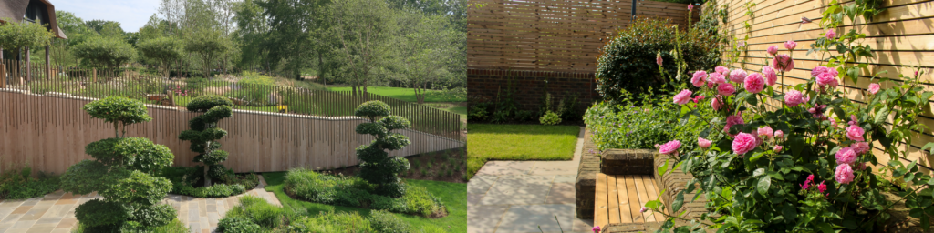 image showing the difference between a decorative fence and a more minimalist fence which allows the beauty of the surrounding greenery to shine through.